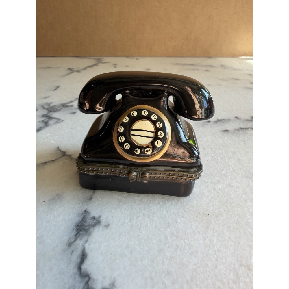 Vintage Black Rotary Telephone Porcelain Hinged Trinket Pill Box Gold Accents
